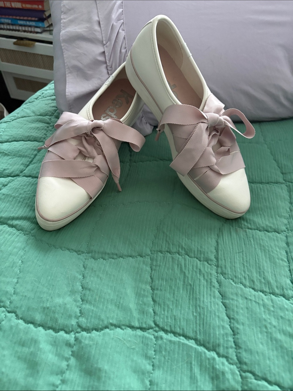 Keds White Slip-On Sneakers with Pale Pink Ribbon Laces